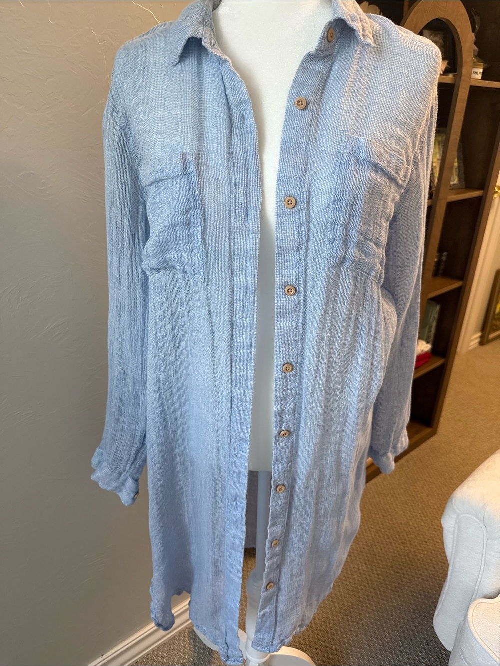 Magaschoni Blue 100% Linen Shirt Dress Swim Cover Up Size M